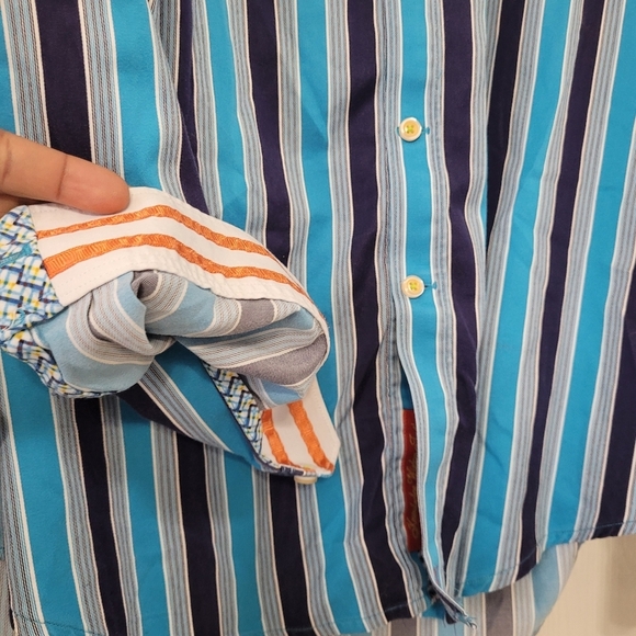 Robert Graham Men's Striped Blue Shirt Size 2xl Blue Flip Cuff Embroidered Logo - Picture 4 of 6
